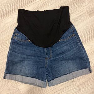 Liverpool Blue Denim Maternity Shorts with Black Overband